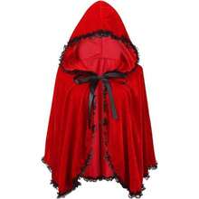 Red & Burgundy Halloween Velvet Cloak, Short Ruched Lace Trim Hooded Cape