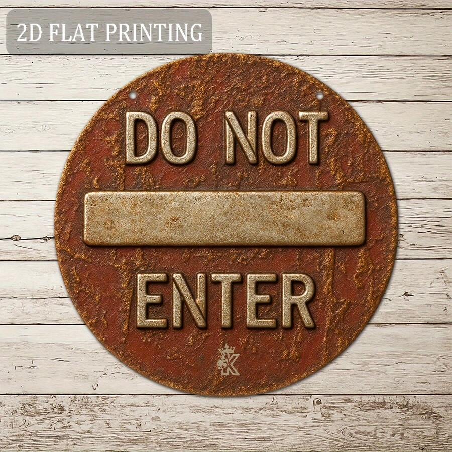1 pieza Señal redonda de metal "No Entrada" - Decoración de pared de estilo industrial refinado, señal fabricada resistente con texto negro robusto, adecuada para garaje, fábrica, cerca exterior y decoración de barrera de entrada, arte de pared de metal, plano 2D