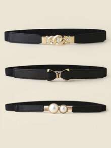 1/3pcs Women Stretchy Waist Belt Set, Including Faux Pearl Buckle Belt, Bowknot Elastic Belt And Alloy Buckle Belt, Fashionable Accessory For Dress, Sweater And Coat Summer, School Fall, Autumn, Halloween
