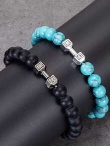 YAUKIA Pulsera de mancuerna para hombres, hecha de lava natural volcánica, ónix negro mate y cuentas elásticas. Pulsera de hermano de gimnasio con de barra de fitness y joyería de barra de fitness, diseñada exclusivamente para hombres