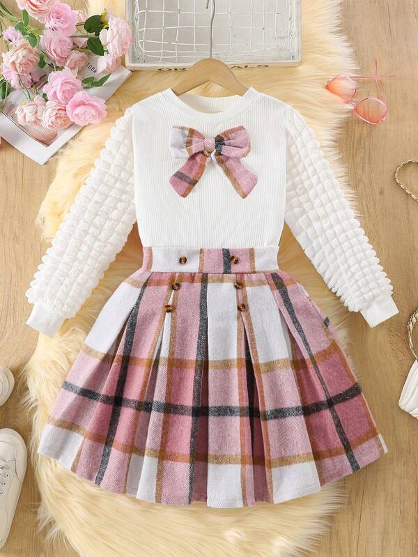 Mädchen Mode Vintage Stil Outfit, Rundhals Langarm Weißes Top kombiniert mit rosa kariertem plissiertem Rock, 2 Stücke Set, geeignet für Frühling, Herbst & Winter