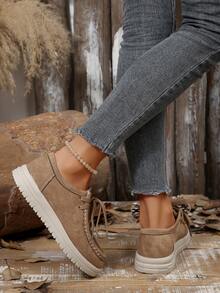 Plus Size Women Lightweight & Comfortable Slip-On Casual Shoes, New Autumn Vintage Versatile Round Toe Lace-Up British Style Boat Shoes, Casual Sneakers