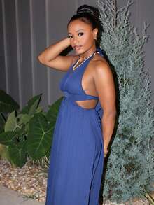 Steph T Women Solid Color Halter V-Neck Vacation Holiday Beach Criss Cross Tie Backless Maxi Dress Vacation Beach Outfits