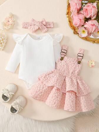 3pcs Baby Girls Set: White Ribbed Romper With Flutter Sleeves, Adjustable Button Floral Layered Dress In Light Pink, And Headband