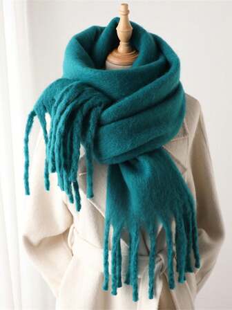 1 pieza Bufanda de invierno para mujer de imitación de cachemir de pelo de caballo negro, chales y chales gruesos y cálidos, unicolor con borlas, bufandas de felpa para mujer para vestir al aire libre