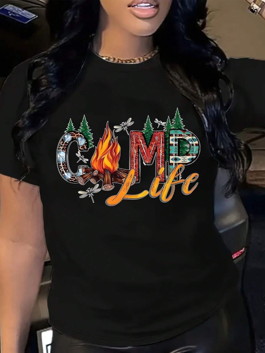 Camp Life Graphic T-Shirt For Women - Casual Outdoor Camping Tee With Campfire Design - Comfortable Short Sleeve Top For Hiking, Picnics, And Adventures - White Black Style - Black - View 1
