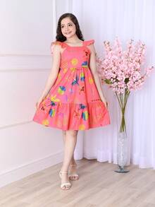 Short Printed Children's Tank Top Dress - 珊瑚粉 - 查看 2