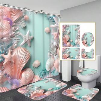 1/4 深海什锦浴帘套装，装饰浴室套装包括浴帘、防滑垫、马桶盖、浴垫和 12 个塑料挂钩，浴室配件，家居装饰