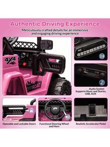 Huisuilinss Kids Ride On Truck,12V Ride On Car,Electric Car With 5MPH Max Speed,Remote Control,Steering Wheel,Accelerator Pedal,Treaded Tires,Music,Ride On Toy For Kids Ages 37-96 Months - Pink - View 5