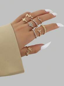 DareSee 9pcs Rhinestone Decor Moon Ring, Stylish Fashion Design Suitable For Daily Wear And Gift Music-Fest Y2K-Fest Back To School Autumn Winter Gifts Music Fest Back To School - Golden - View 1