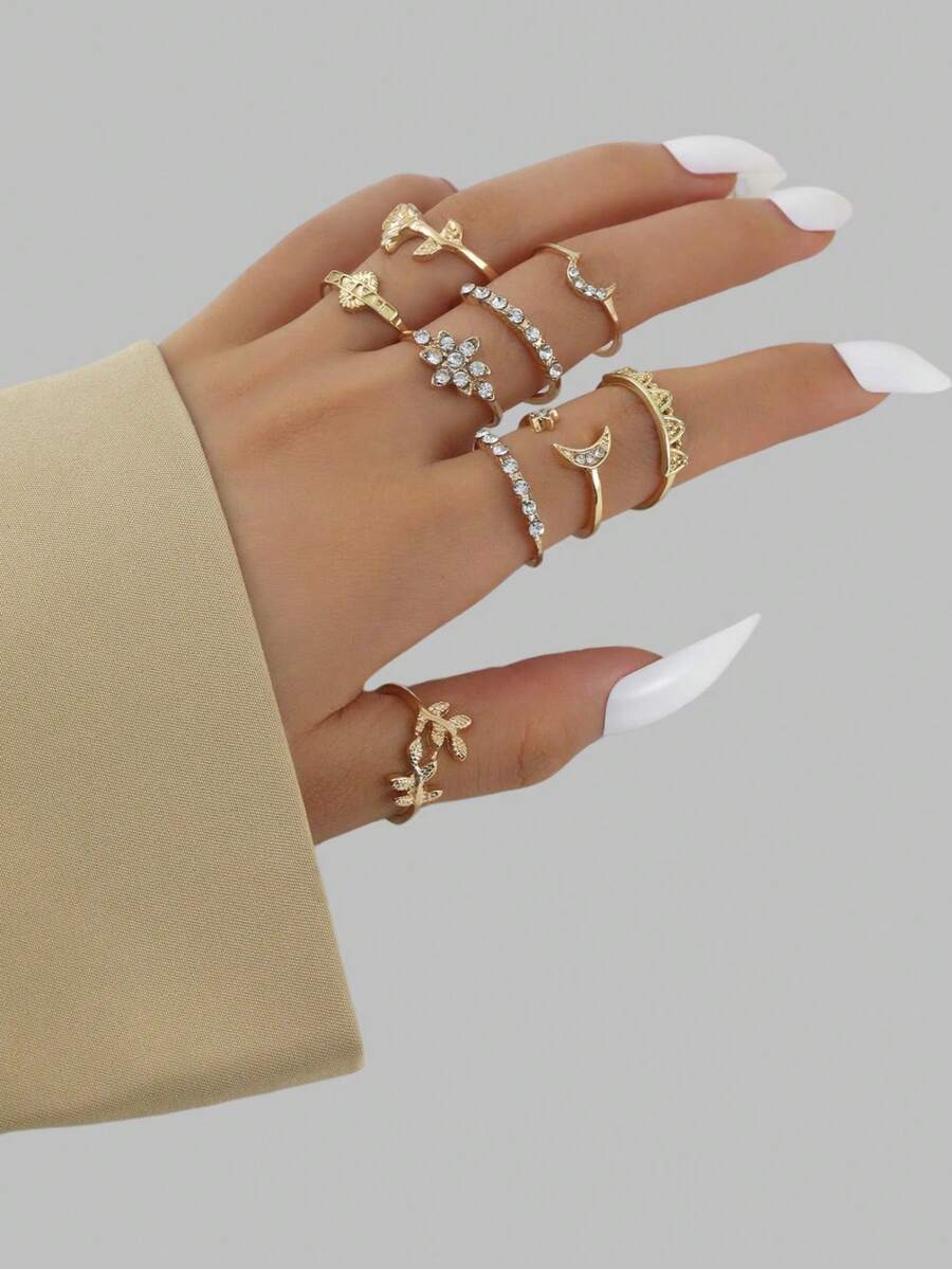 DareSee 9pcs Rhinestone Decor Moon Ring, Stylish Fashion Design Suitable For Daily Wear And Gift Music-Fest Y2K-Fest Back To School Autumn Winter Gifts Music Fest Back To School - Golden - View 1