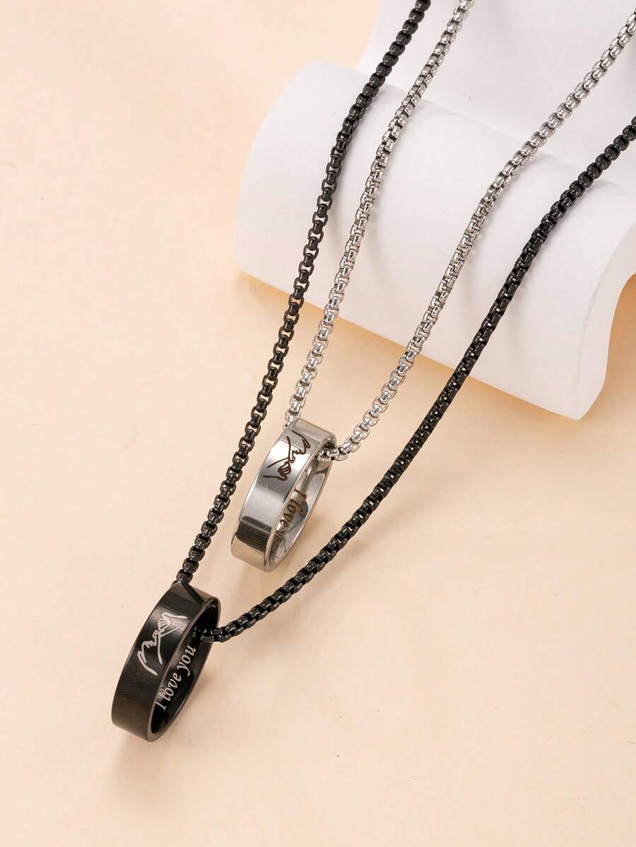2pcs Fashionable Stainless Steel Couple Hand In Hand Ring & Pendant Necklace Set, Suitable For Daily Wear - Multicolor - View 1