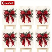 1 pièce/4 pièces/6 pièces/10 pièces Housse de chaise en peluche courte imprimée de nœud de ruban de branche de pin, de baie rouge et de feuille de houx. Protecteur de de chaise en peluche amovible pour salle à manger, salon, toutes saisons, décoration de Noël