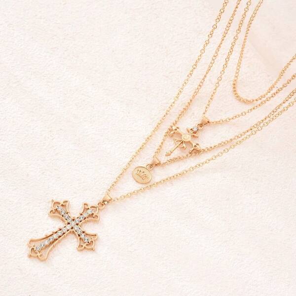 Multi-Layer White Crystal & Golden Cross Pendant Necklace