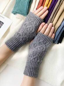 1双纯色休闲腈纶提花半指手套，秋冬针织露指手套，学生写作，保暖日常厚手套