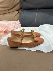 New Autumn/Winter Flat Shoes For Teens, Minimalist Bow Decor Square Toe, Comfortable One-Strap Buckle, Versatile Casual Elegant All-Match Everyday Wear