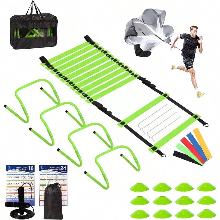 Agility Ladder Agility Speed Training Set For Athletes And Adults: 20ft 2 Rung Agility Ladder With 4 Hurdles 5 Resistance Bands 2 Cones Running Parachute Jump Rope Enhances Footwork Coordination And Overall Athletic Performance In Sports Training And Fitn Workouts