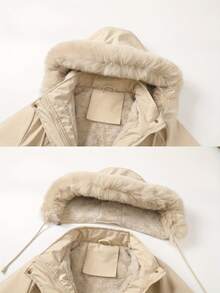 1pc Casual Versatile Women Jacket, Mid-Length With Detachable Hood, Solid Color, Outdoor Thermal Lining, Cinched Waist, Winter,Fleece,Skiing