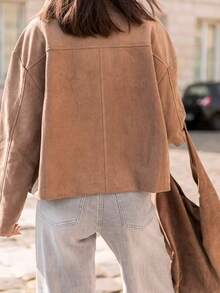 Women's Solid Color Faux Suede Fleece Pocket Button Front Casual Jacket, Suitable For Autumn And Winter - Khaki - View 5
