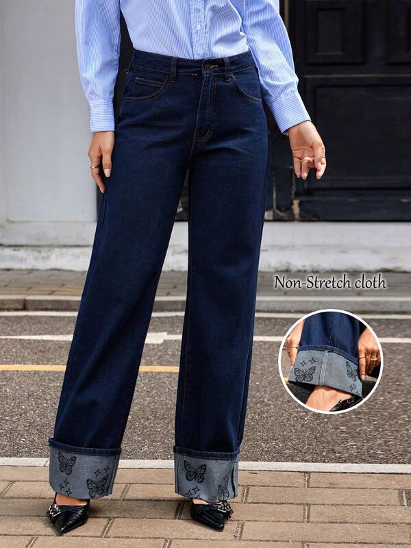 Jeans a vita alta larghi e vintage in denim blu medio per l'autunno e l'inverno, pantaloni a gamba ampia con design a stampa farfalla plissettata, pantaloni casual snellenti e versatili, tessuto morbido e durevole adatto per l'ufficio, la scuola, le vacanze e varie occasioni