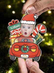 1pc Customized Christmas Photo Ornament, Featuring Cute Santa Claus Driving Christmas Car Design, Can Customize Adorable Portrait, Suitable For Families, Holiday Design, Festive Decor, Christmas Sentimental Keepsake, Couples And Parents. Personalized Gift, Customized Product, Bag Charm, Home Decor, Christmas Home Decor, Christmas Gift, Christmas Ornament - Red - View 5
