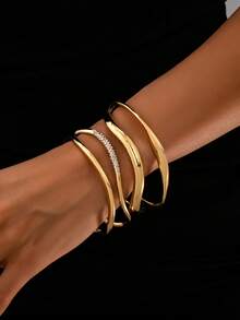 3件套简约不对称圆形金属手镯套装，优雅时尚饰品，适合日常通勤、派对、家庭聚会、约会等场合，尺码偏小