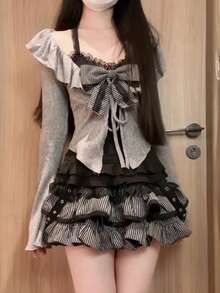 Girls' Autumn Pure Desire Hot Girl Suit Black Lace Suspender Gray Knit Cardigan Short Skirt - Váy tutu liền thân màu đen và xám - Xem 7