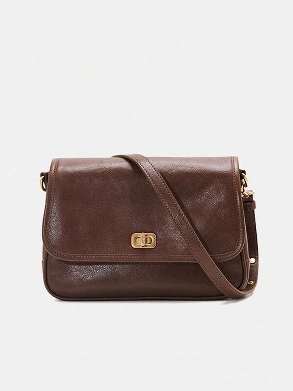 Women's Vintage Brown Faux Leather Crossbody Bag, Retro Style Flap Shoulder Bag With Gold-Tone Hardware, Fashionable Square Structured Handbag, Versatile Daily Casual & Office Elegant Purse, Minimalist Design With Adjustable Strap For All-Match Outfits
