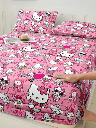 1 件可爱卡通印花床笠、Kuromi/Cinnamoroll/Hello Kitty 床上用品、床垫保护套、床罩、床笠、舒适家纺、透气抗起球床垫保护套、家居装饰、适合所有床尺寸 - 单人床、双人床、大号床、特大号床、四季皆宜、防尘床罩、可机洗