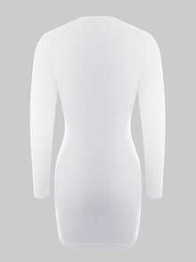 LovelyWholesale Đầm ngắn tay dài cổ tròn màu trơn dáng ôm dành cho nữ, màu trắng, thích hợp mặc hàng ngày vào mùa hè. - trắng - Xem 7