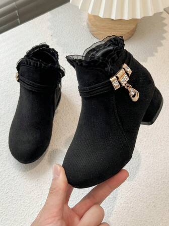 New Arrival! 1 Pair Girls' Glamorous Crystal Pendant Mesh Decor Suede Non-Slip Round Toe Mid-Heel Ankle Boots, Suitable For Stage Performance And Fashion Matching