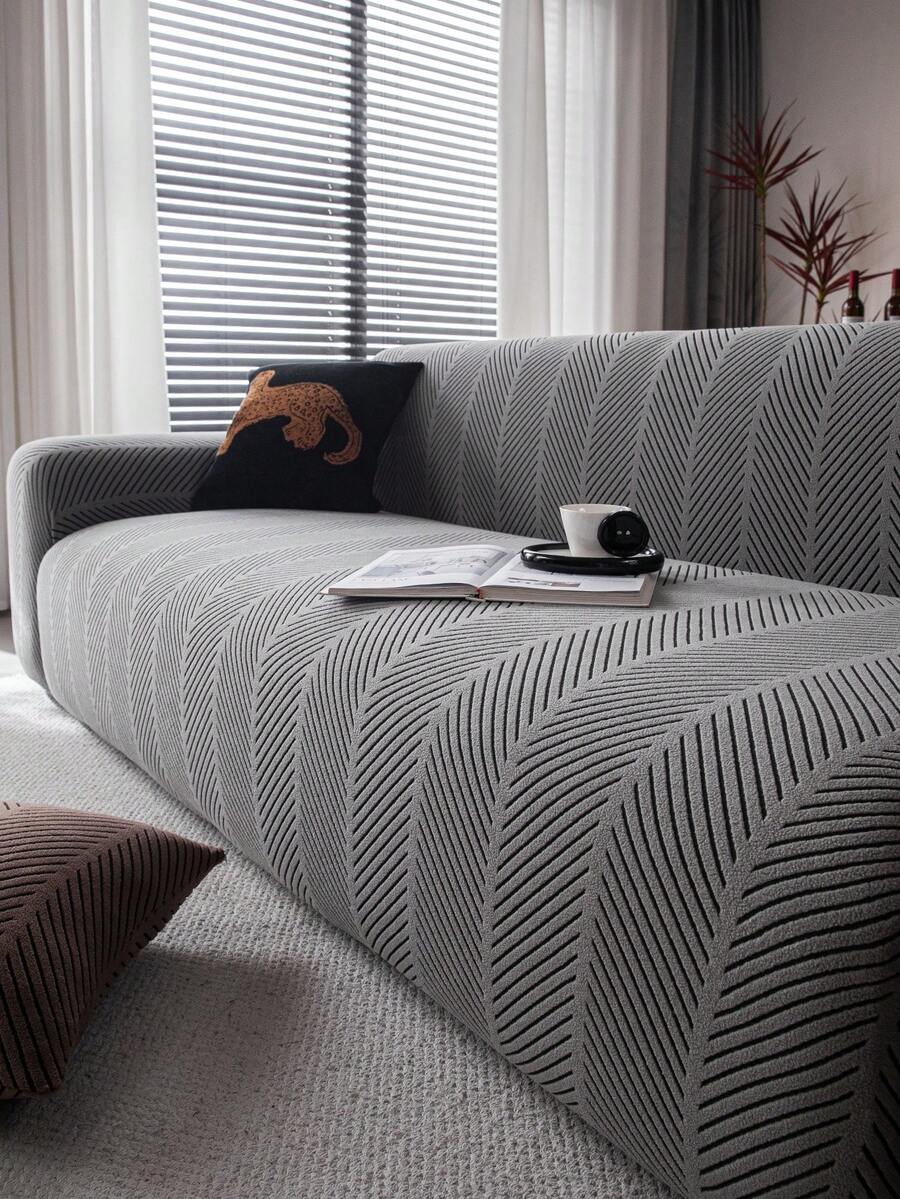 1pc 3D Sofa Cover, Multi-Functional Full Coverage Sofa Slipcover, Solid Color Geometric Pattern Design Sofa Protector, Stretch Fit Sofa Cover, Suitable For All Seasons - Dark Grey - View 1