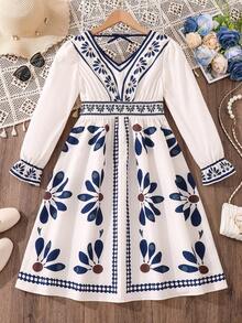 Left Mama Girls Elegant Floral Print Long Sleeve White Dress, Spring/Autumn - White - View 2