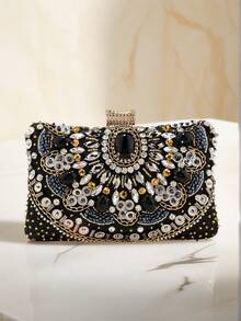 Bolsa de Mão Preta Vintage Bordada com Miçangas para Mulheres, Bolsas de Embreagem de Metal Caixa para Senhoras, Bolsas de Festa de Casamento e Coquetel