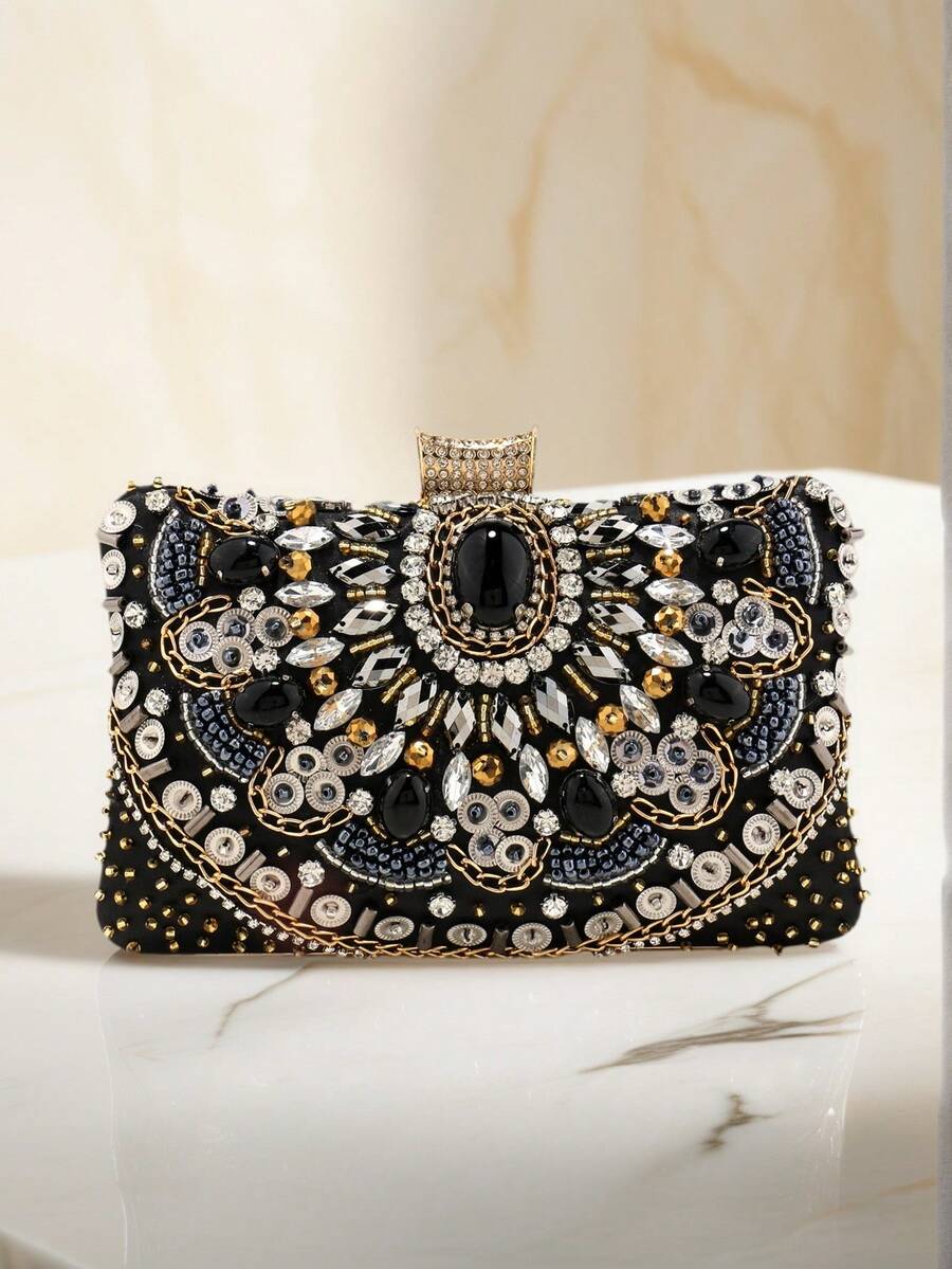 Bolsa de Mão Preta Vintage Bordada com Miçangas para Mulheres, Bolsas de Embreagem de Metal Caixa para Senhoras, Bolsas de Festa de Casamento e Coquetel