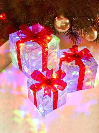 1/3 st varmljus LED-remsa med röd rosett presentask, lysande presentask - LED-belysning julbordsdekoration, födelsedagspresentförpackning, alla hjärtans dag-present (batteridriven)