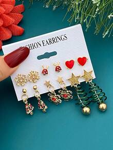 12-36pcs Metal Rhinestone Christmas Santa Claus, Bow, Snowflake, Reindeer Pendant Earrings Set, Unique Jewelry Accessories For Women, Suitable For Christmas, Party, Events