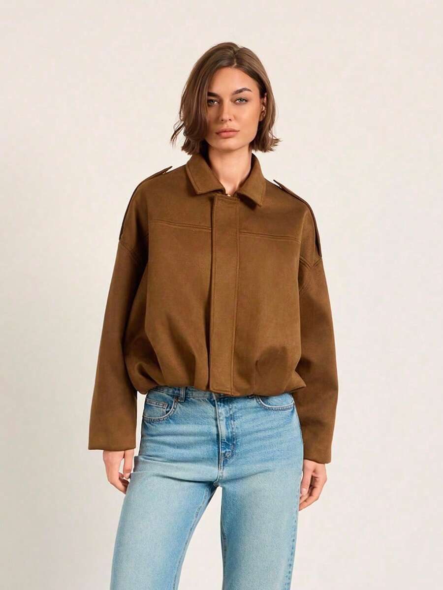 Faux Suede Lapel Loose Fit Flight Jacket - Coffee Brown - View 1