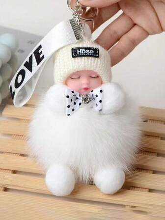 1 件卡通娃娃钥匙扣，带真人造毛皮，合金圆形，装饰女士钥匙圈带环扣，非常适合包包和汽车钥匙装饰，非常适合情人节礼物，单件