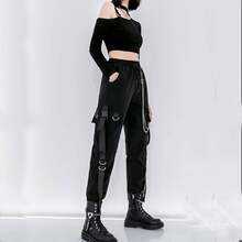 Black Cargo Pants Women Techwear Loose Street Rock Style Casual Pants With Chain Goth Style - 紅黑 - 查看 9
