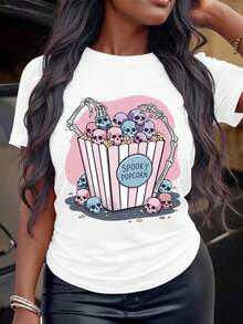 Women's Graphic Print Tshirt\Tee - Casual Crew Neck, Low Stretch, Machine Washable. Perfect For All Seasons And Casual Party Wear. Made Of 220g Opaque Cotton, This Festive Party Wear Is Perfect For Birthdays, Halloween, Thanksgiving, Or Christmas.