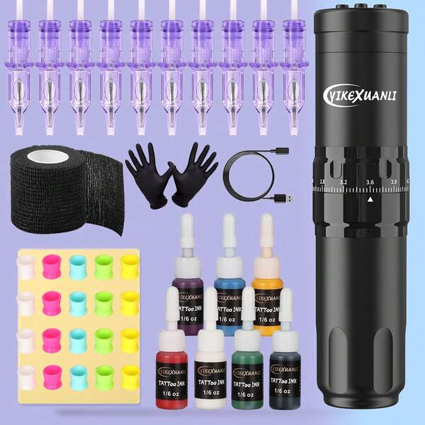 yikexuanli Wireless Electric Tattoo Pen Kit, Equipped With 1500mAh Large Capacity, Long Battery Life, Adjustable Stroke, Includes 10pcs Tattoo Needles, Multicolor Tattoo Ink, And Various Tattoo Accessories, Suitable For Beginners And Professionals
