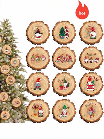12件/24件/36件圣诞装饰，欢乐圣诞圆形复古工艺小矮人装饰，圣诞装饰，木制圣诞家居装饰，适合冬季装饰，圣诞树装饰，节日装饰用品，印有圣诞标志，另一面空白，满足您的DIY需求。这款装饰是送给任何家庭的难得礼物，一定会在他们的圣诞树和心中占据特殊的位置！