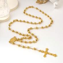 1pc Stainless Steel Religious Christian Necklace, Women's Virgin Mary & Jesus Cross Pendant Long Beaded Chain, Fashion Jewelry