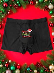 S-XXXXL Men's Christmas Letter Print Funny Black Boxer Briefs, Thin Comfortable Minimalist Slim Fit Stretchy Trunks - Black - View 1