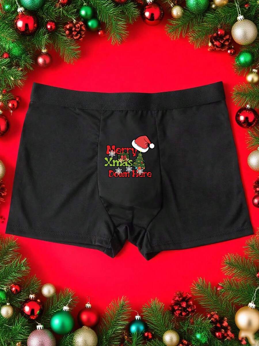 S-XXXXL Men's Christmas Letter Print Funny Black Boxer Briefs, Thin Comfortable Minimalist Slim Fit Stretchy Trunks - Black - View 1