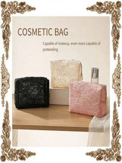 1pc Lace Cosmetic Bag, Large Capacity Storage Design, Minimalist & Fashionable Style, Suitable For Travel, Toiletries And Cosmetics Organization, Multi-Functional Zipper Pouch, Ideal For Storing Cosmetics, Skincare, Nail Tools, Accessories, An Essential Vanity, Bedroom And Travel Organizer.,Pencil Case,Stationery