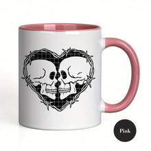 1pc Gothic Skull Heart Mug - Edgy Gothic Cup With Barbed Wire Design, Dishwasher  Coffee Cup, Anniversary/Birthday Gift For Goth Couples, Dark Romantic Decor For Home, Office, Or Gothic-Themed Parties - Ideal For Gothic Decor Lovers, Goth Accessories, Party Drinkware, Bold Graphic Mug, Durable Drinkware, Home Decoration, Edgy Aesthetic, Sturdy Construction, Alternative Lifestyle, Cat Cup Ramen, Creative Music Coffee Cup, Erotic Mug, Skeleton Couple, Ceramic Cat Ramen Cup, Cat Time - Hồng 11OZ - Xem 3