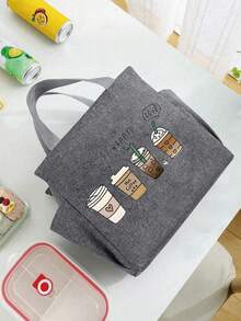 Thermal Bag, Insulated Bag With The "Four Cups Of Coffee" Pattern Paired With A Black Cutlery Storage Bag, A Double Pocket Lunch Box Bag, Large Capacity, Student Meal Insulated Refrigerated Bag, Portable Travel Picnic Bag, Office School Lunch Bag Insulated Lunch Box, Work Lunch Box, Work Office Holiday Lunch Box, And Multi-Functional Camping School Lunch Box For Both Men And Women