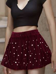 Womens Velvet Skorts Elastic High Waist Pearl Studded Skirt Shorts Christmas Party Shorts - Đỏ - Xem 5
